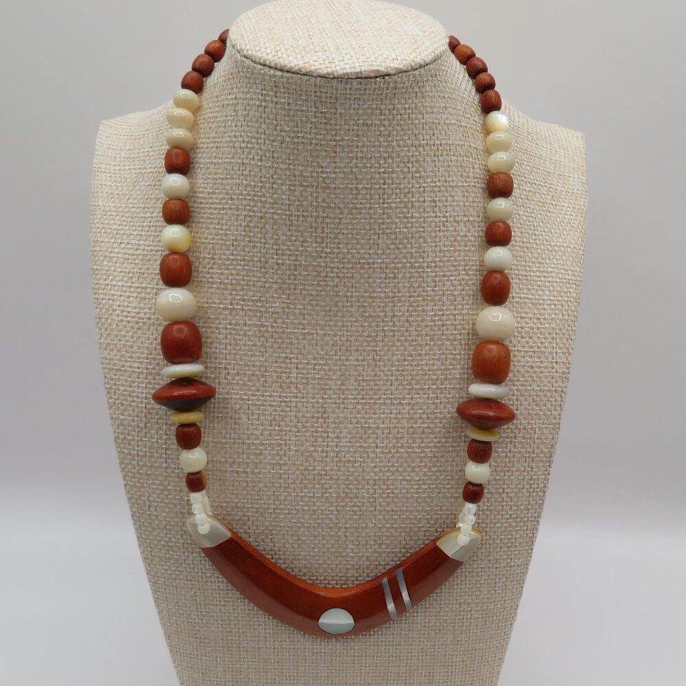 Wood and Mother of Pearl Beaded Necklace